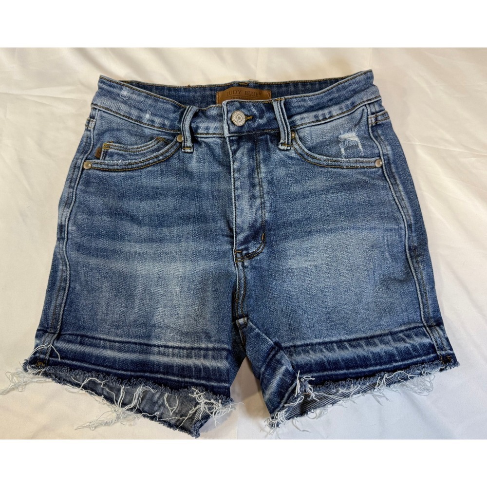 Judy Blue Womens High Rise Released Raw Hem Denim Shorts Medium Wash Blue Size S